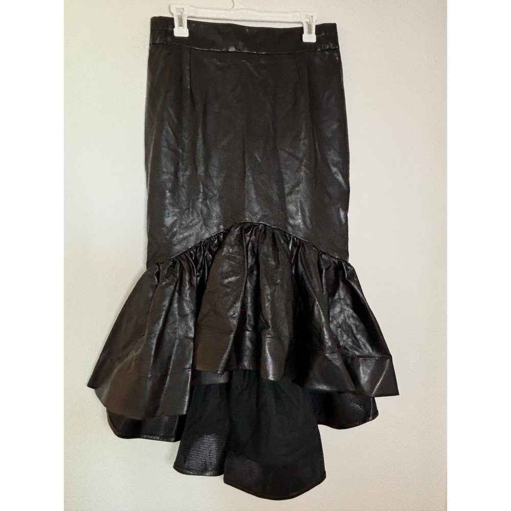 For Her NYC Black Faux Leather Ruffle Mermaid High Low Midi Skirt Medium NWT